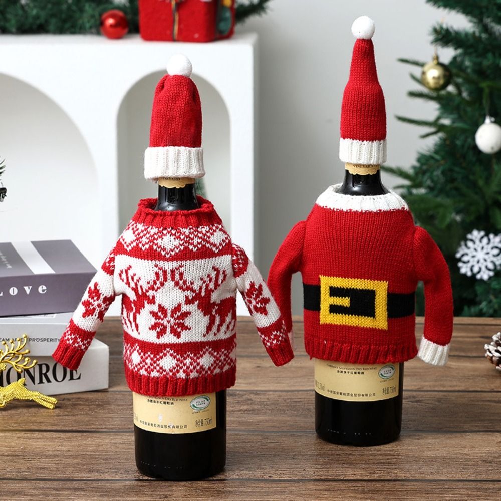 Wine Beer Hat - エルク柄のワインボトルカバー。ミニサンタの帽子が付いた雪の結晶模様。クリスマス柄の編み物ボトルカバー。雪だるまやトナカイのデザインのビールボトルカバー。