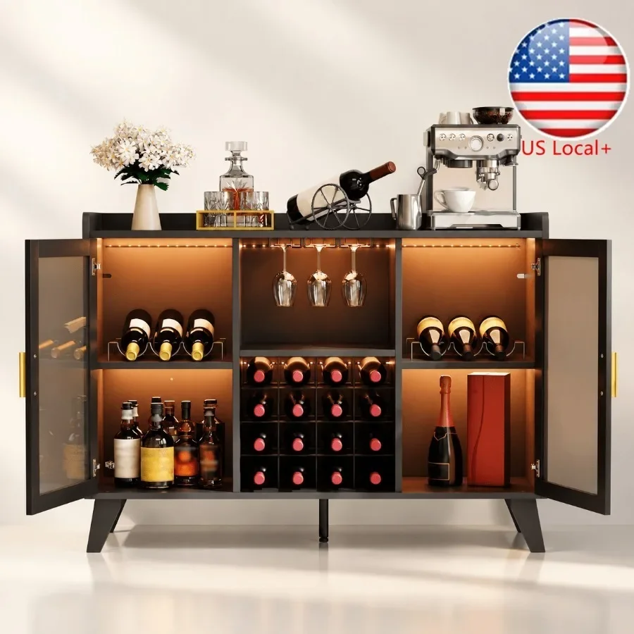 Wine & Beer Guayaquil - ワイン収納用のLEDライト付きバーキャビネット。黒色のアクリル製ドア、モダンなデザインで、内部を照らす照明付き。